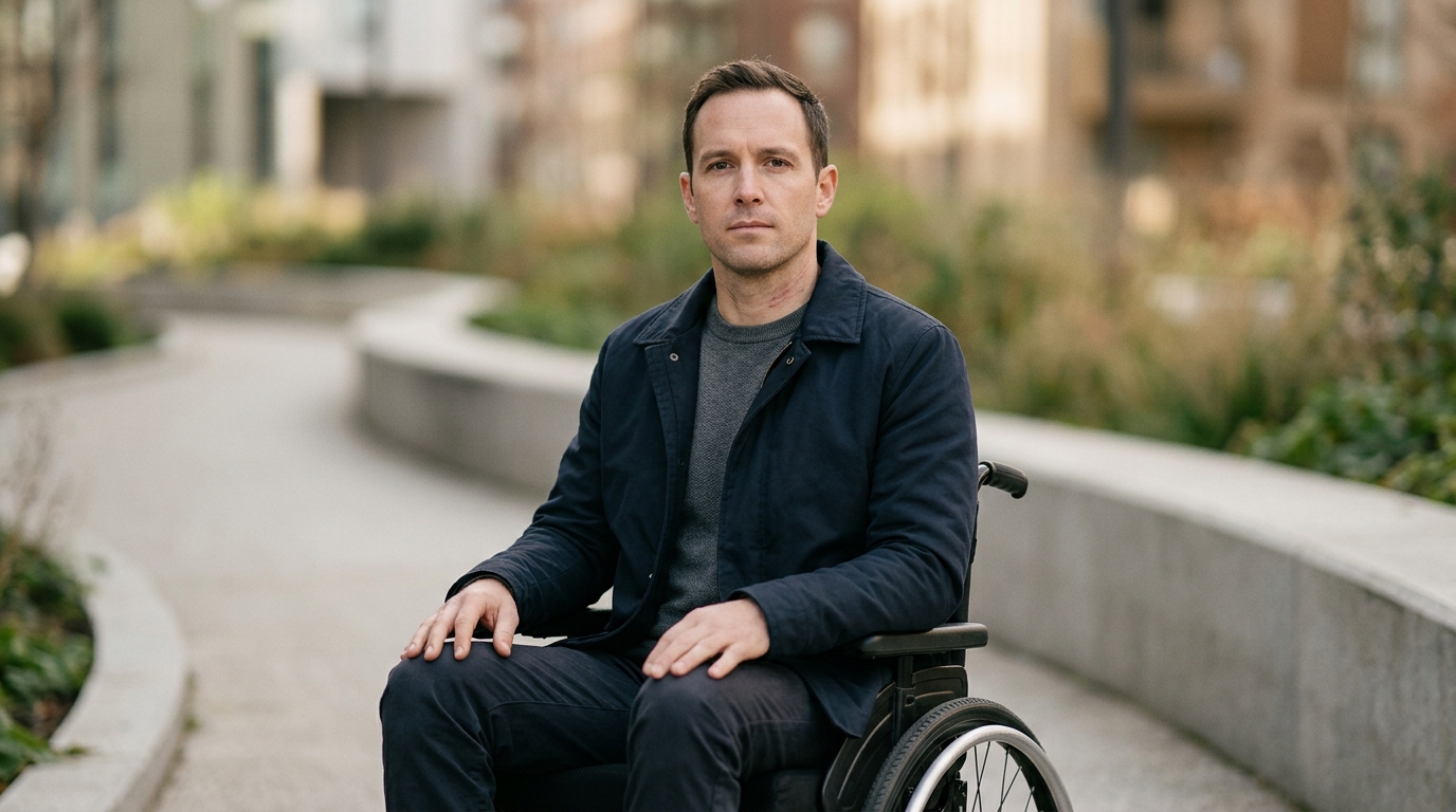 Person using a wheelchair looking forward with quiet resolve after a catastrophic spinal injury.
