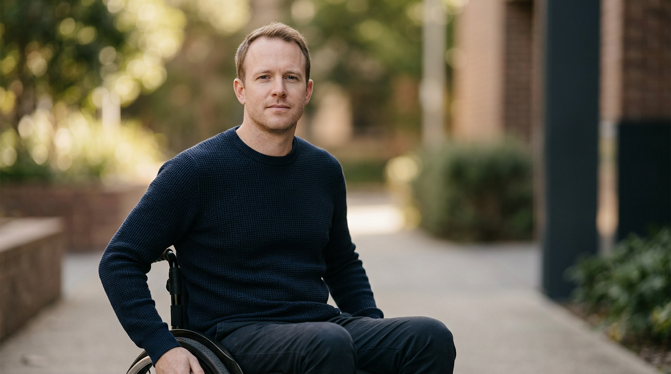 Person using a wheelchair looking forward with quiet resolve after a catastrophic spinal injury.