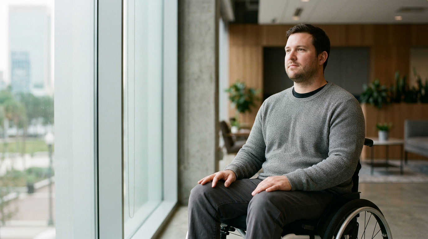 Person using a wheelchair looking forward with quiet resolve after a catastrophic spinal cord injury.