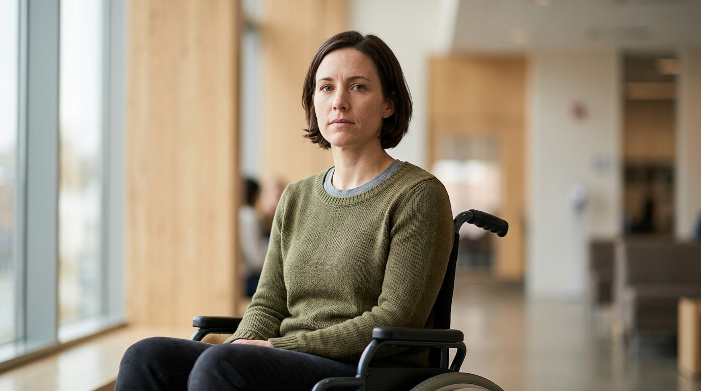 Person using a wheelchair looking forward with quiet resolve after a catastrophic spinal injury.