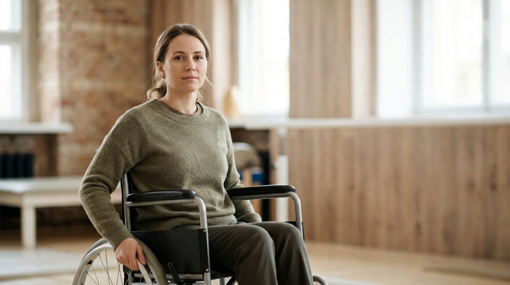 Person using a wheelchair looking forward with quiet resolve after a catastrophic spinal injury.