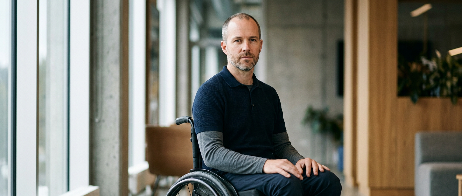 Person using a wheelchair looking forward with quiet resolve after a catastrophic spinal injury.