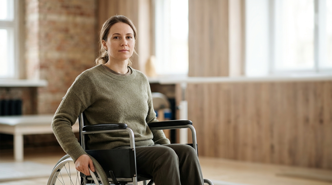 Person using a wheelchair looking forward with quiet resolve after a catastrophic spinal injury.