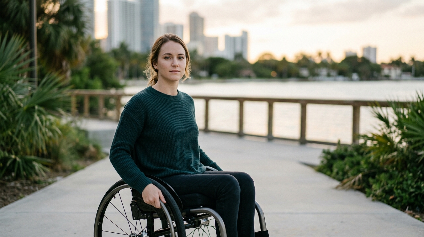Person using a wheelchair looking forward with quiet resolve after a catastrophic spinal injury.