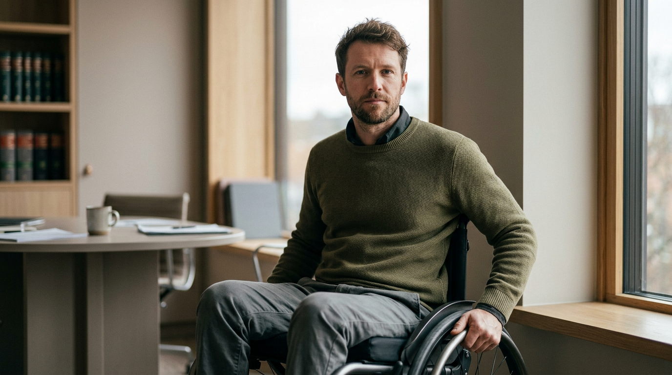 Person using a wheelchair looking forward with quiet resolve after a catastrophic spinal injury.