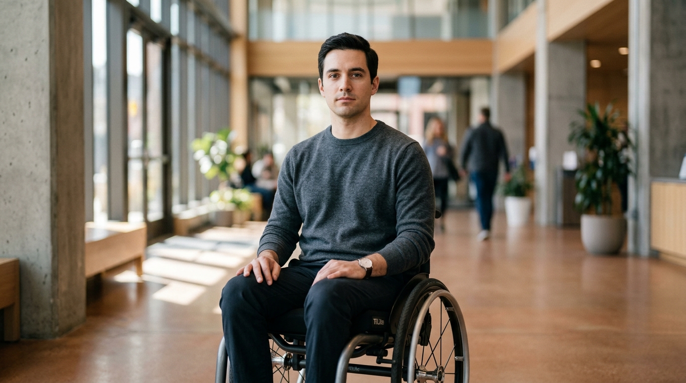 Person using a wheelchair looking forward with quiet resolve after a catastrophic spinal injury.
