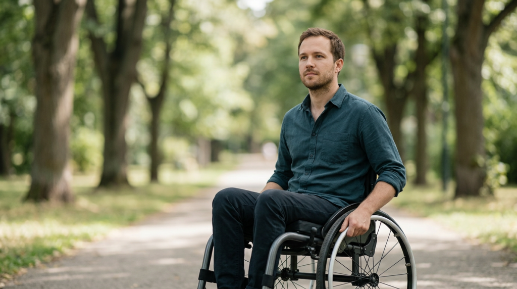 Person using a wheelchair looking forward with quiet resolve after spinal injury.