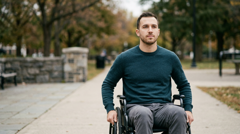 Person using a wheelchair looking forward with quiet resolve after a spinal injury.