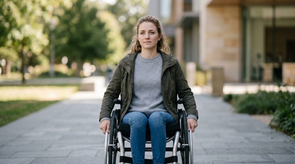 Person using a wheelchair looking forward with quiet resolve after a spinal cord injury.