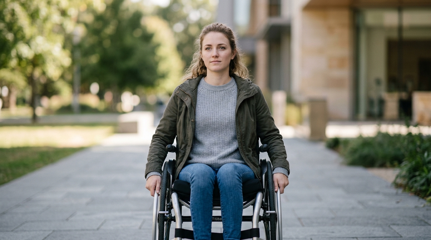 Person using a wheelchair looking forward with quiet resolve after a spinal cord injury.