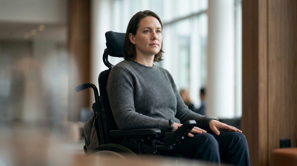 Person using a wheelchair looking forward with quiet resolve after a catastrophic spinal injury.