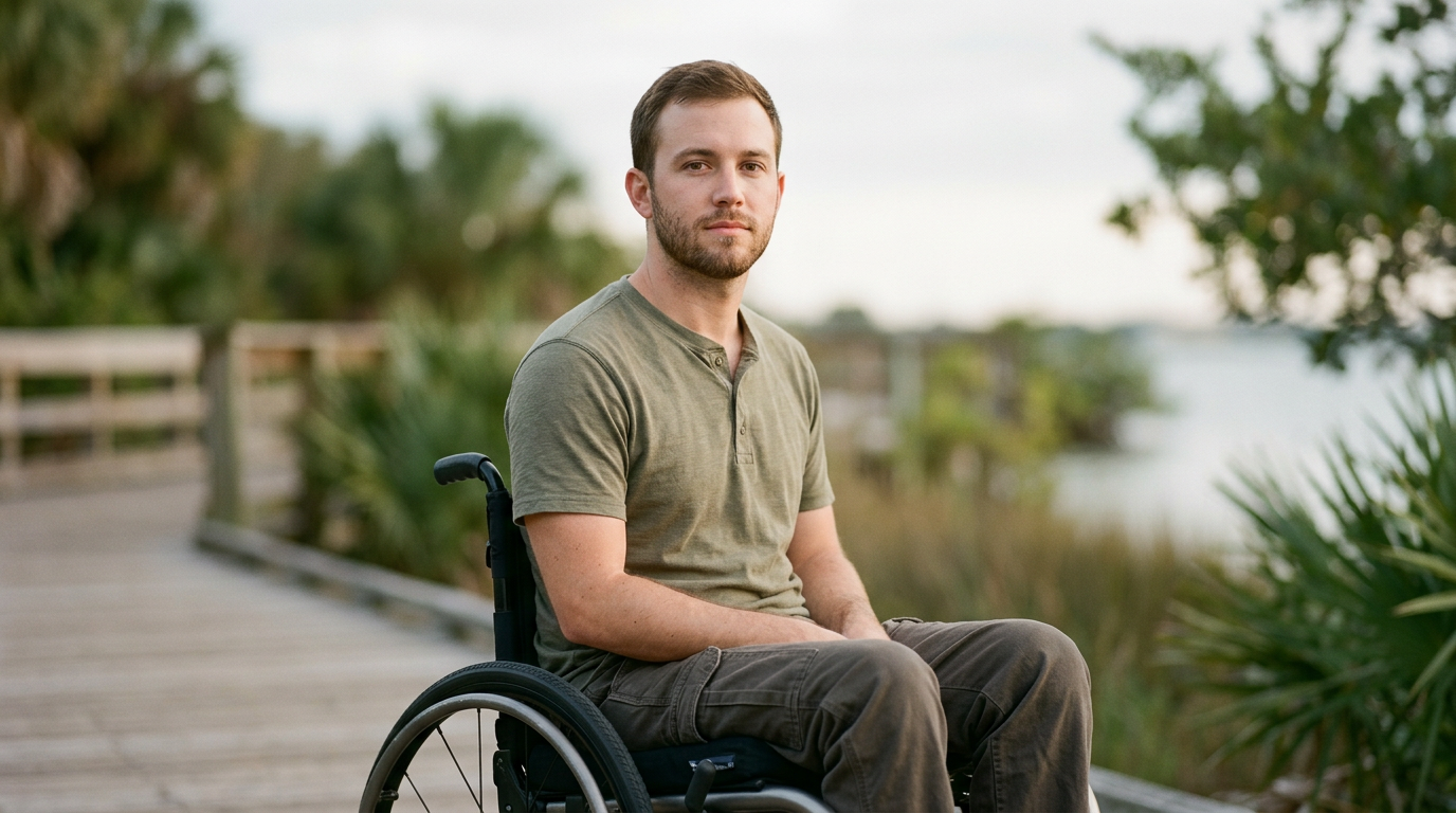 Person using a wheelchair looking forward with quiet resolve after a catastrophic spinal injury.