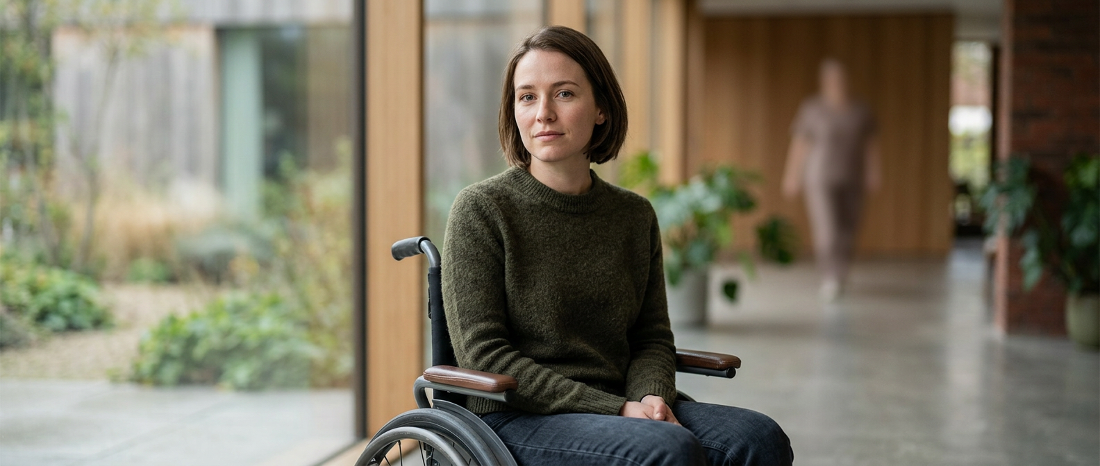 Person using a wheelchair looking forward with quiet resolve after a spinal injury.