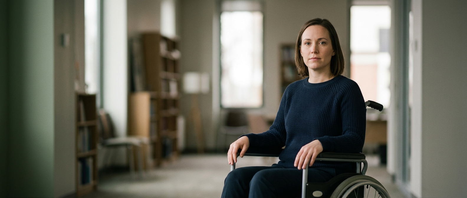 Person using a wheelchair looking forward with quiet resolve after a catastrophic spinal injury.