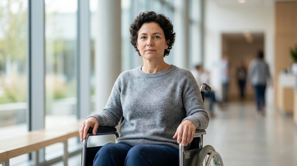 Person using a wheelchair looking forward with quiet resolve after a spinal cord injury.