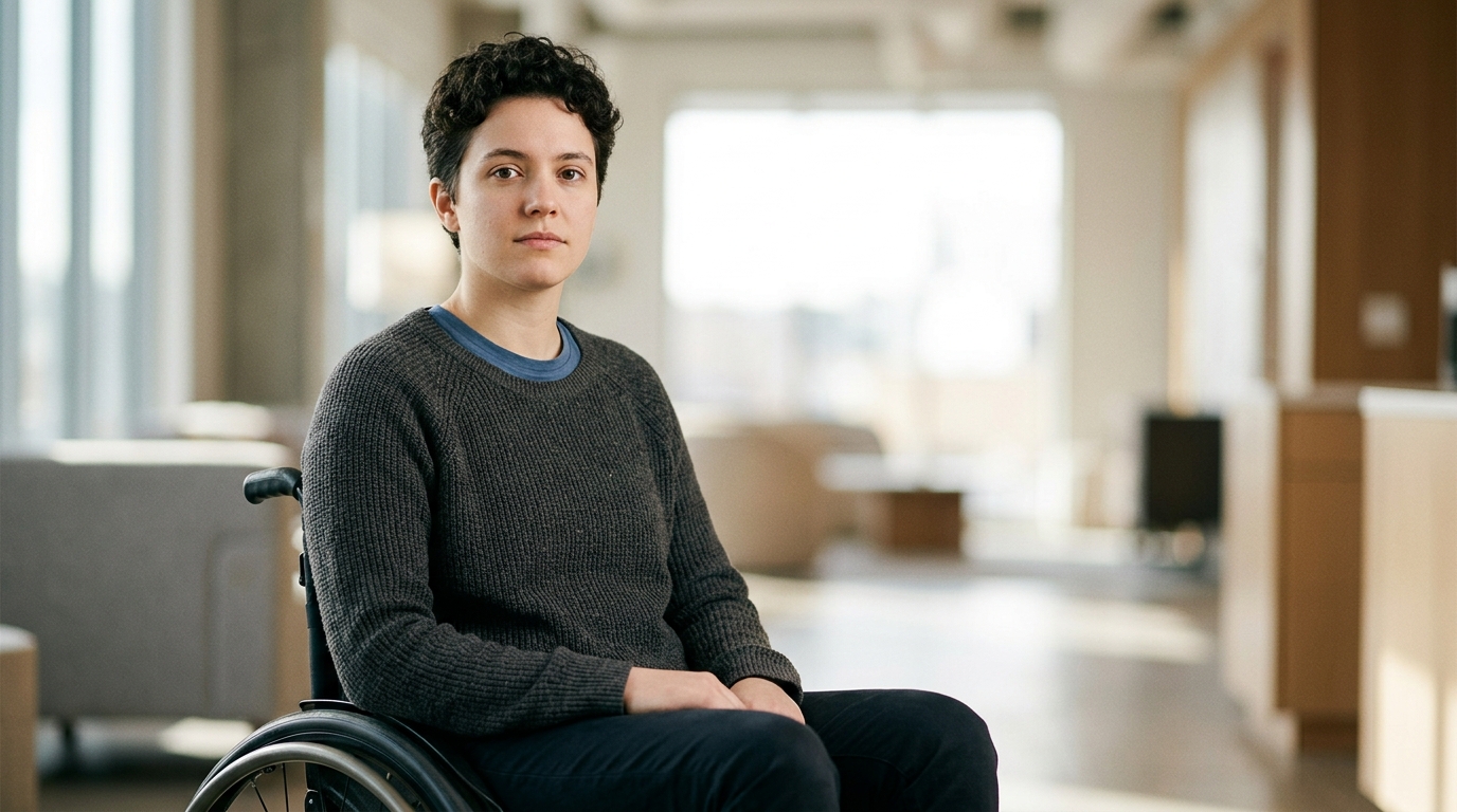Person using a wheelchair looking forward with quiet resolve after a catastrophic spinal injury.