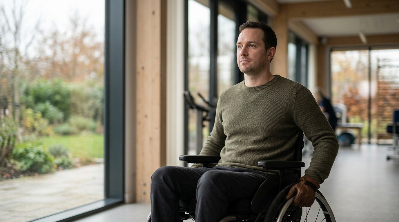 Person using a wheelchair looking forward with quiet resolve after a catastrophic spinal injury.