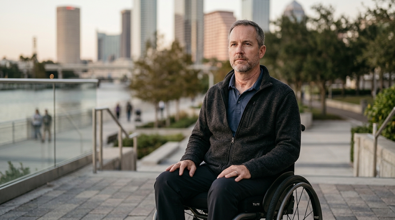 Person using a wheelchair looking forward with quiet resolve after a catastrophic spinal injury.