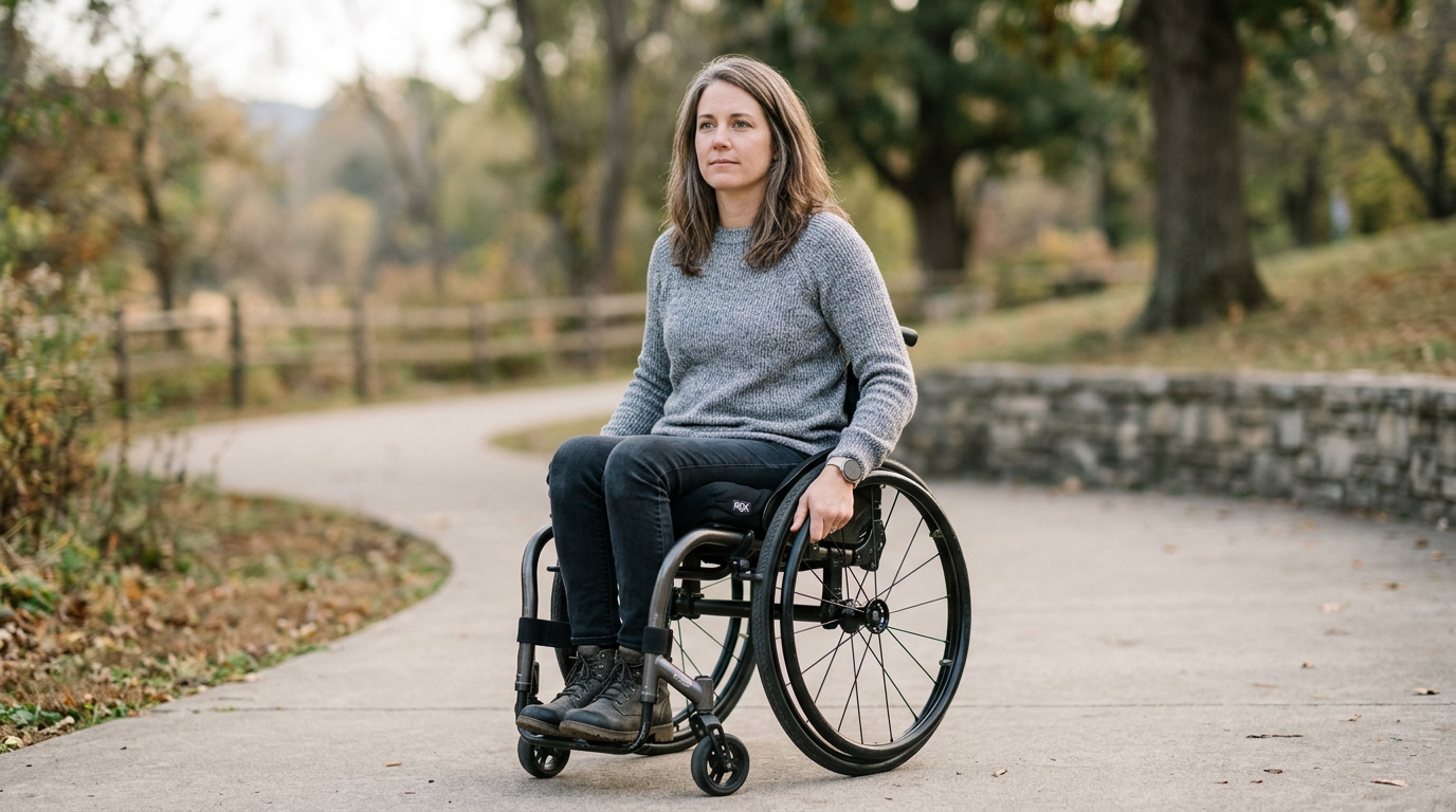 Person using a wheelchair looking forward with quiet resolve after a spinal injury.