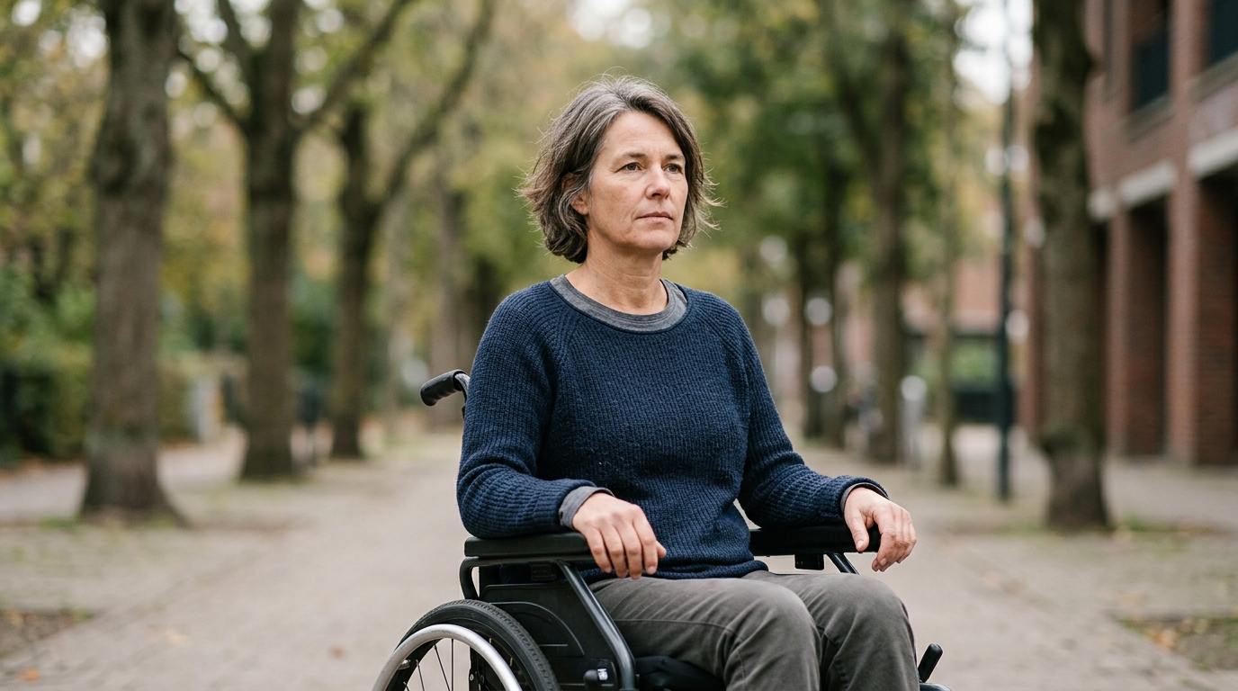 Person using a wheelchair looking forward with quiet resolve after a spinal cord injury.