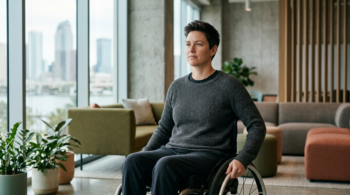 Person using a wheelchair looking forward with quiet resolve after a catastrophic spinal injury.