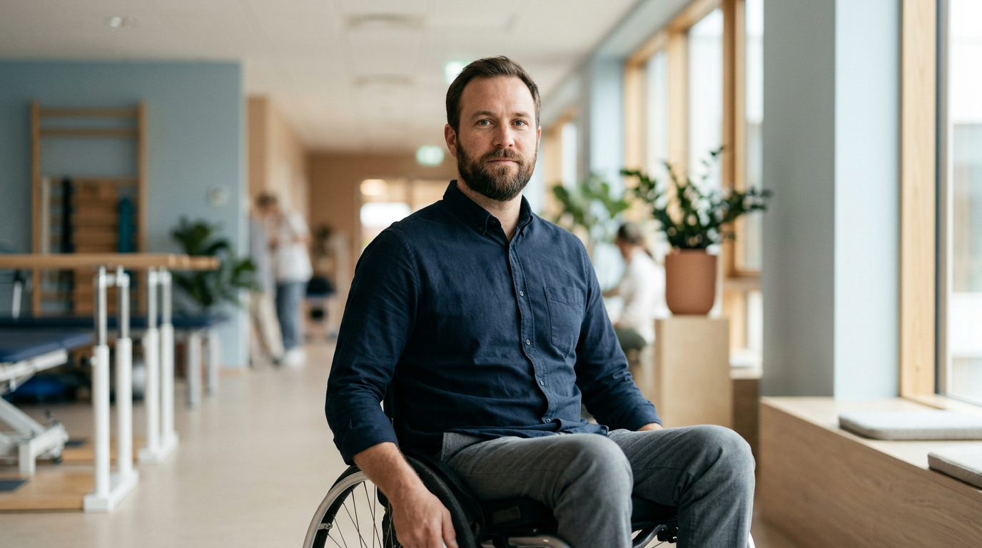 Person using a wheelchair looking forward with quiet resolve after a catastrophic spinal injury.