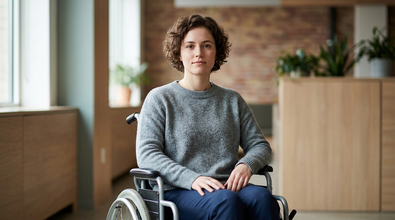Person using a wheelchair looking forward with quiet resolve after a catastrophic spinal injury.