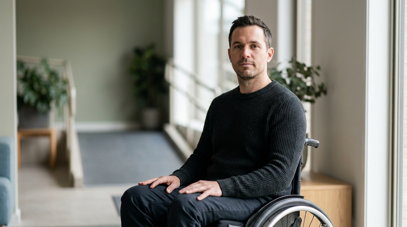 Person using a wheelchair looking forward with quiet resolve after a catastrophic spinal injury.
