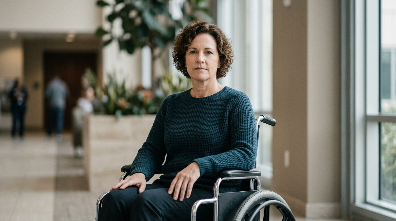 Person using a wheelchair looking forward with quiet resolve after a catastrophic spinal injury.