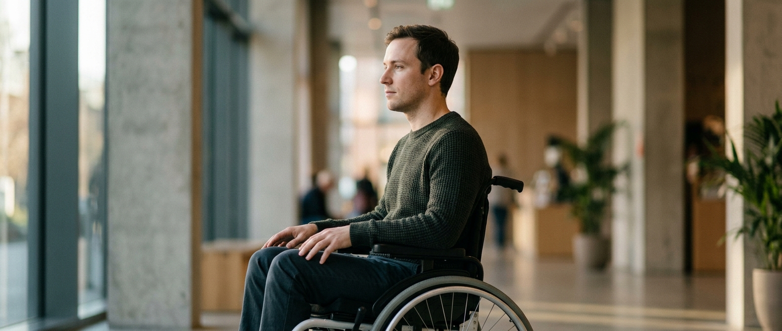 Person using a wheelchair looking forward with quiet resolve after catastrophic spinal injury.