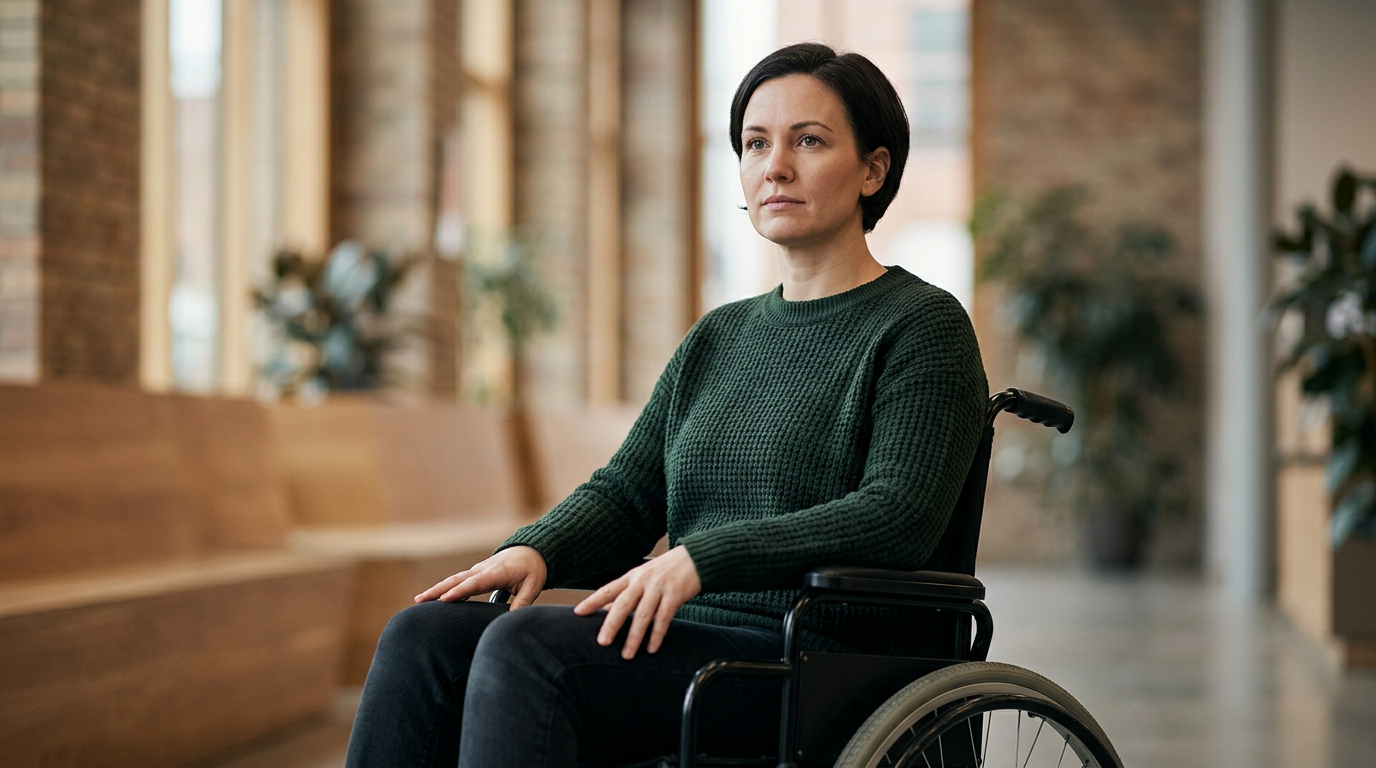 Person using a wheelchair looking forward with quiet resolve after catastrophic spinal injury.