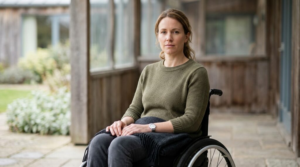 Person using a wheelchair looking forward with quiet resolve.