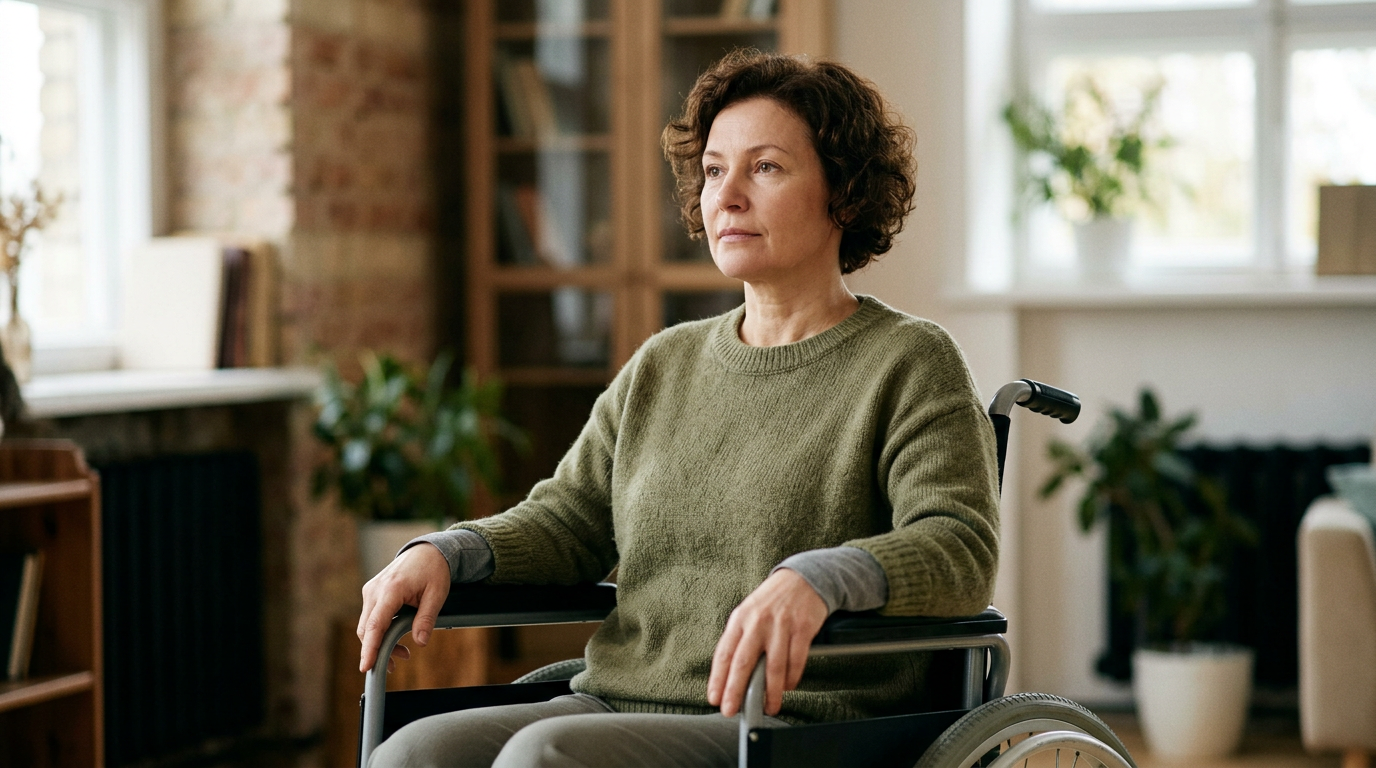 Person using a wheelchair looking forward with quiet resolve after a spinal injury.