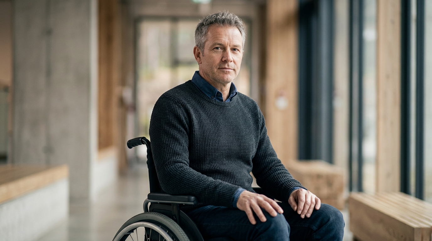 Person using a wheelchair looking forward with quiet resolve after catastrophic spinal injury.