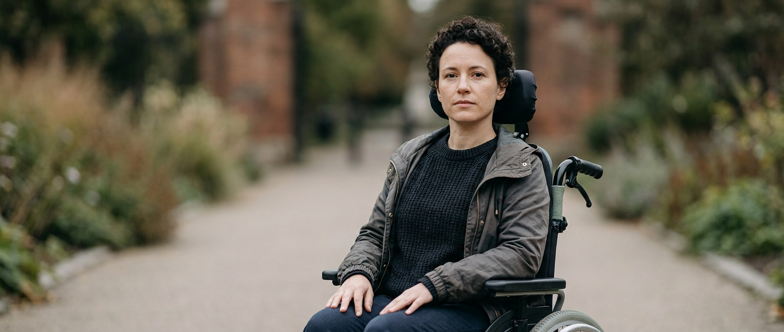 Person using a wheelchair looking forward with quiet resolve after a spinal cord injury.