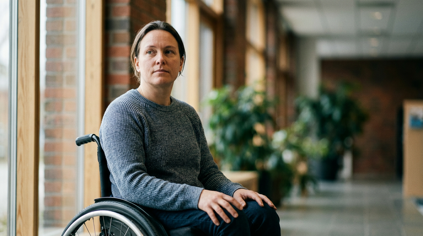 Person using a wheelchair looking forward with quiet resolve after a catastrophic spinal injury.