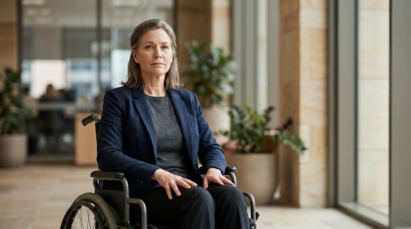 Person using a wheelchair looking forward with quiet resolve after a catastrophic spinal cord injury.