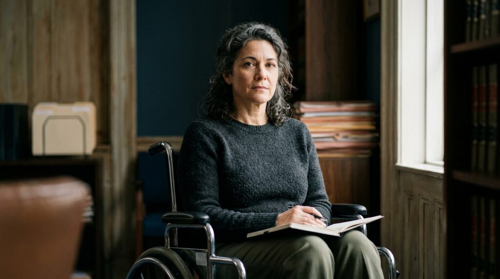 Person using a wheelchair looking forward with quiet resolve after a catastrophic spinal injury.