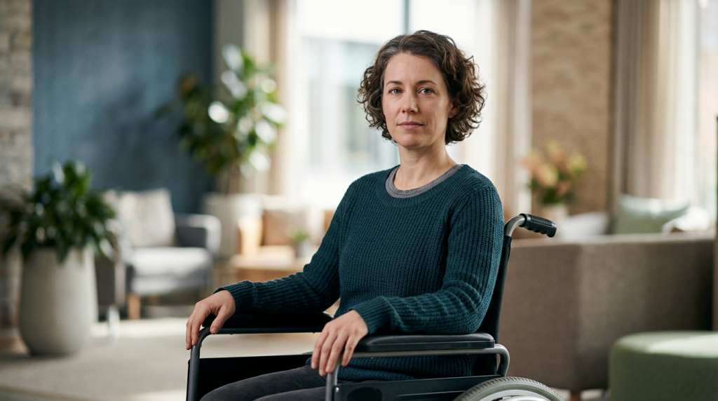 Person using a wheelchair looking forward with quiet resolve after a catastrophic spinal cord injury.