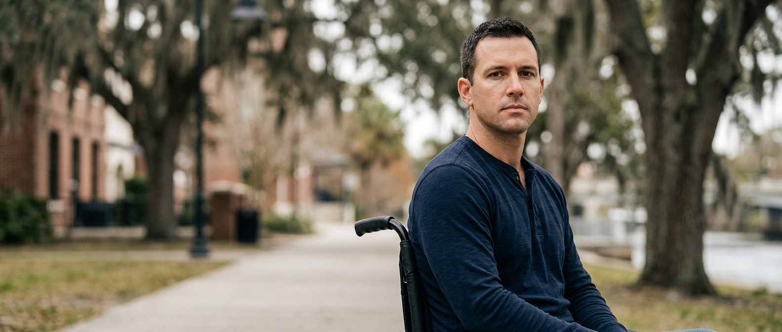 Person using a wheelchair looking forward with quiet resolve after a catastrophic spinal injury.