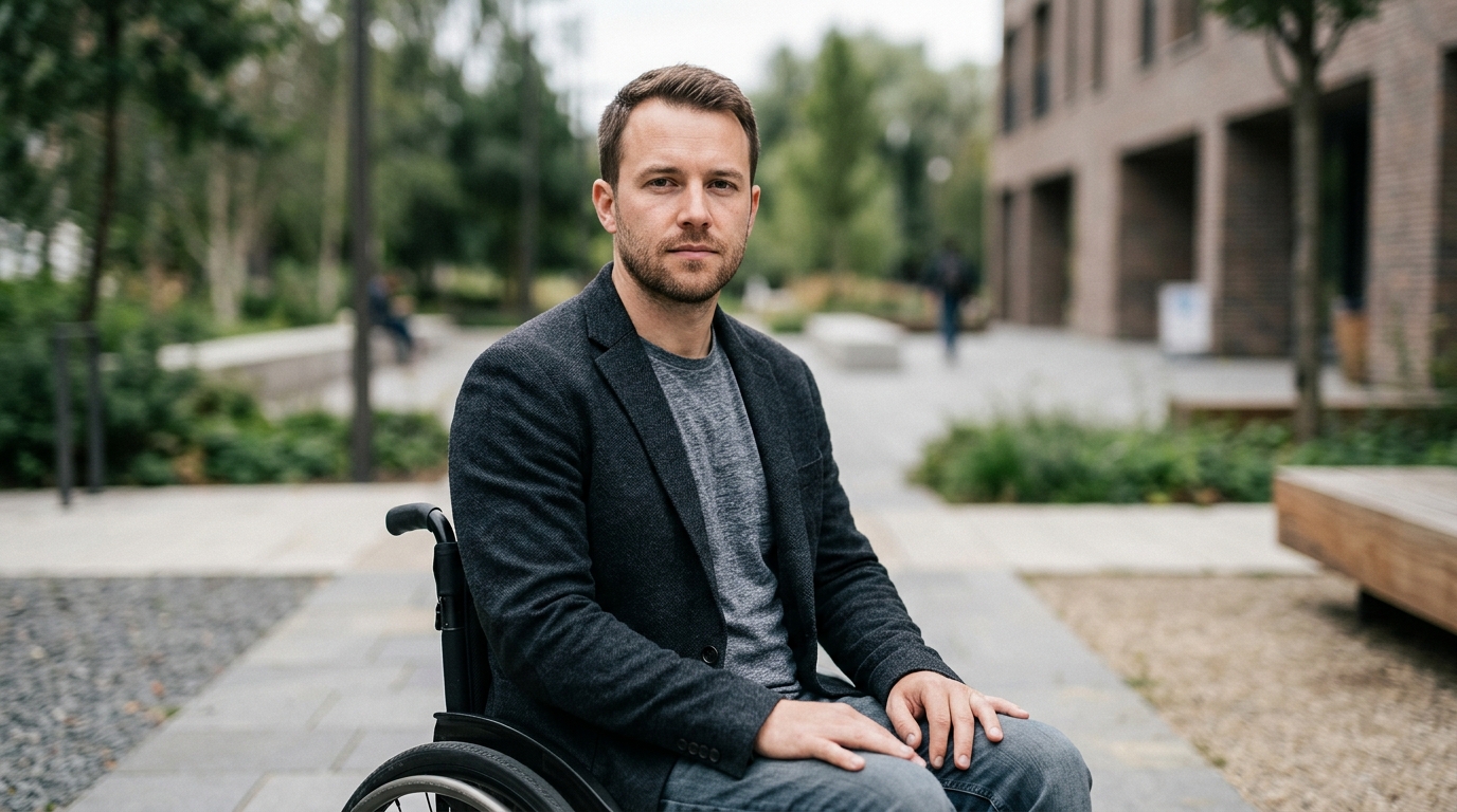 Person using a wheelchair looking forward with quiet resolve after a catastrophic spinal injury.