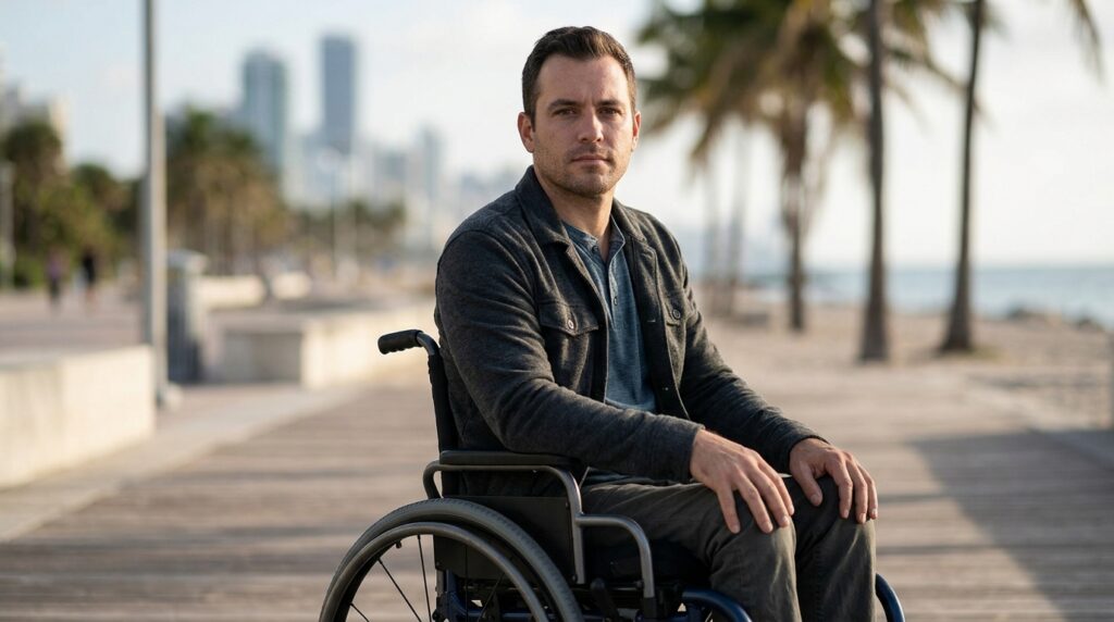 a person who uses a wheelchair looking forward with quiet resolve, catastrophic spinal injury