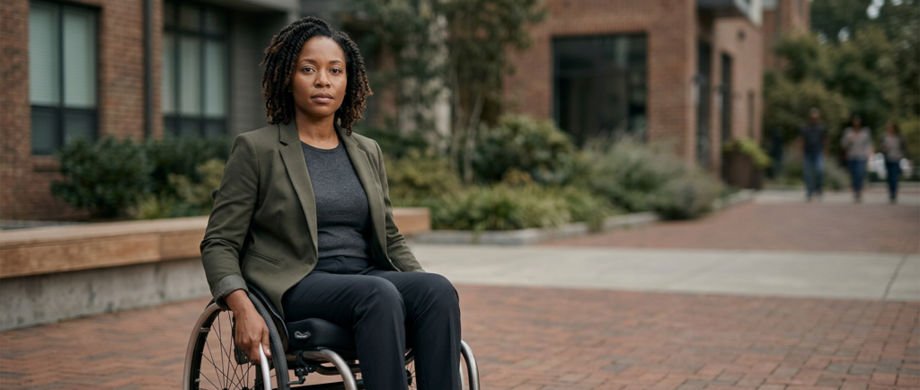 Person using a wheelchair looking forward with quiet resolve after a catastrophic spinal injury.
