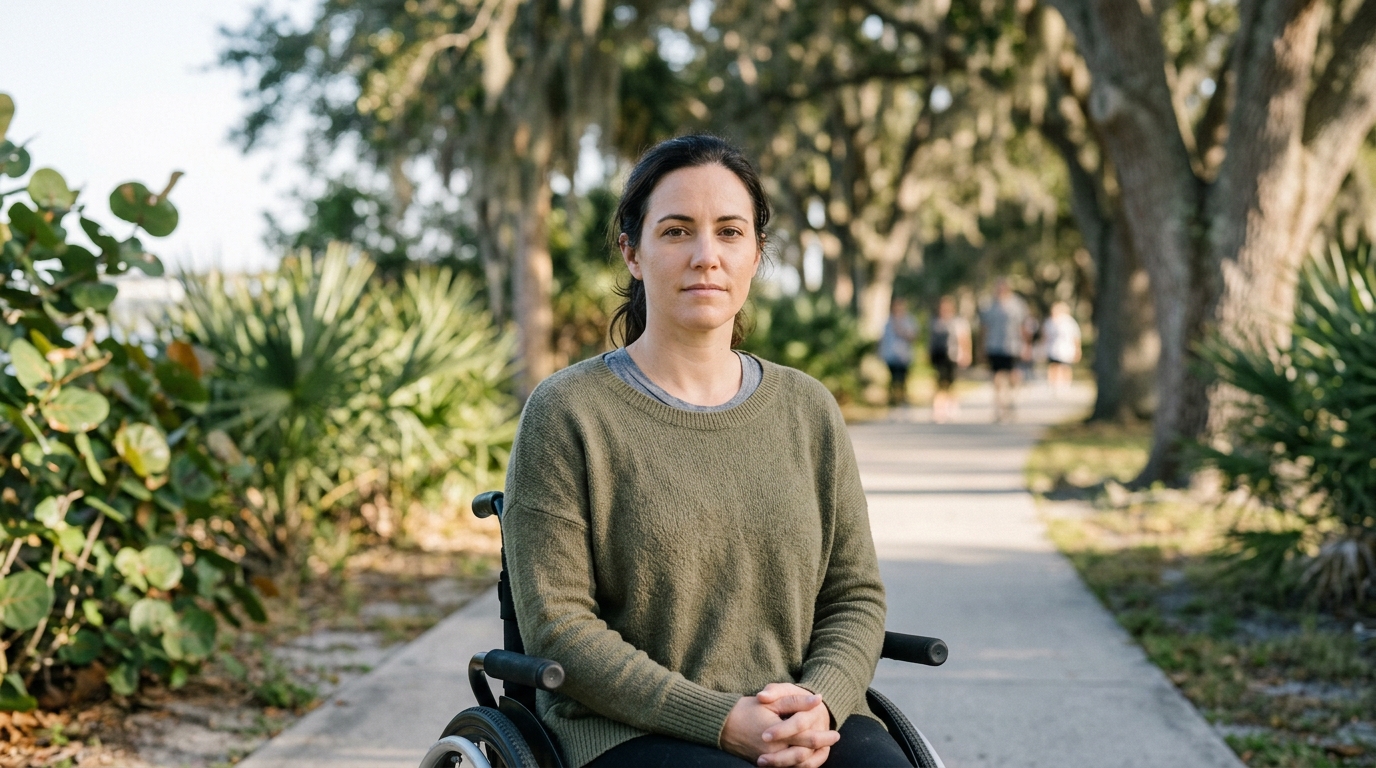 Person using a wheelchair looking forward with quiet resolve after a catastrophic spinal injury.