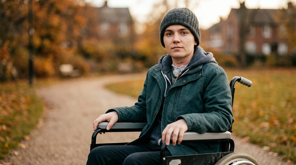 a person who uses a wheelchair looking forward with quiet resolve, catastrophic spinal injury