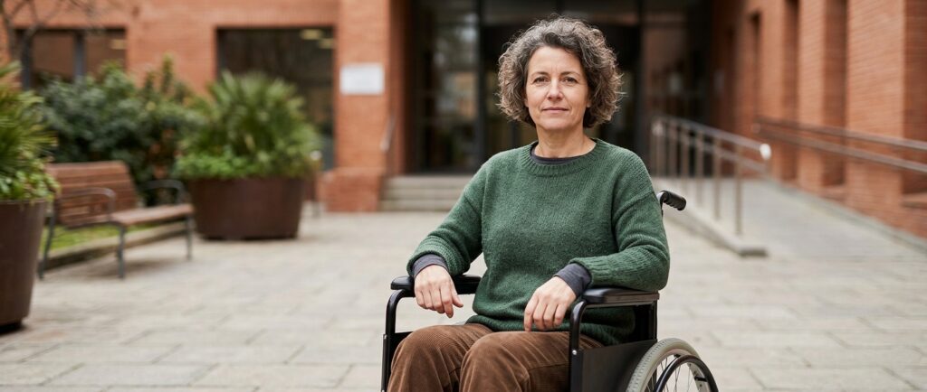 a person who uses a wheelchair looking forward with quiet resolve, catastrophic spinal injury