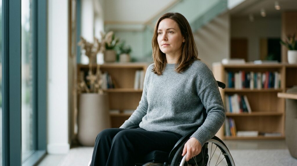 a person who uses a wheelchair looking forward with quiet resolve, catastrophic spinal injury