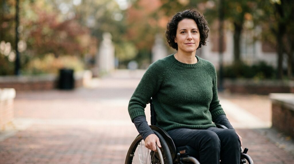 Person using a wheelchair looking forward with quiet resolve after a catastrophic spinal injury.