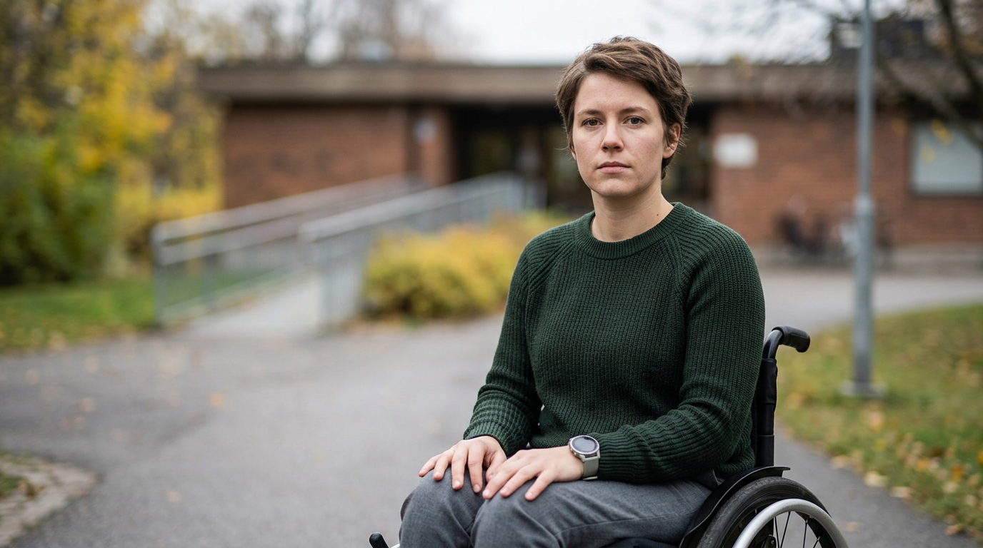 Person using a wheelchair looking forward with quiet resolve after a catastrophic spinal injury.