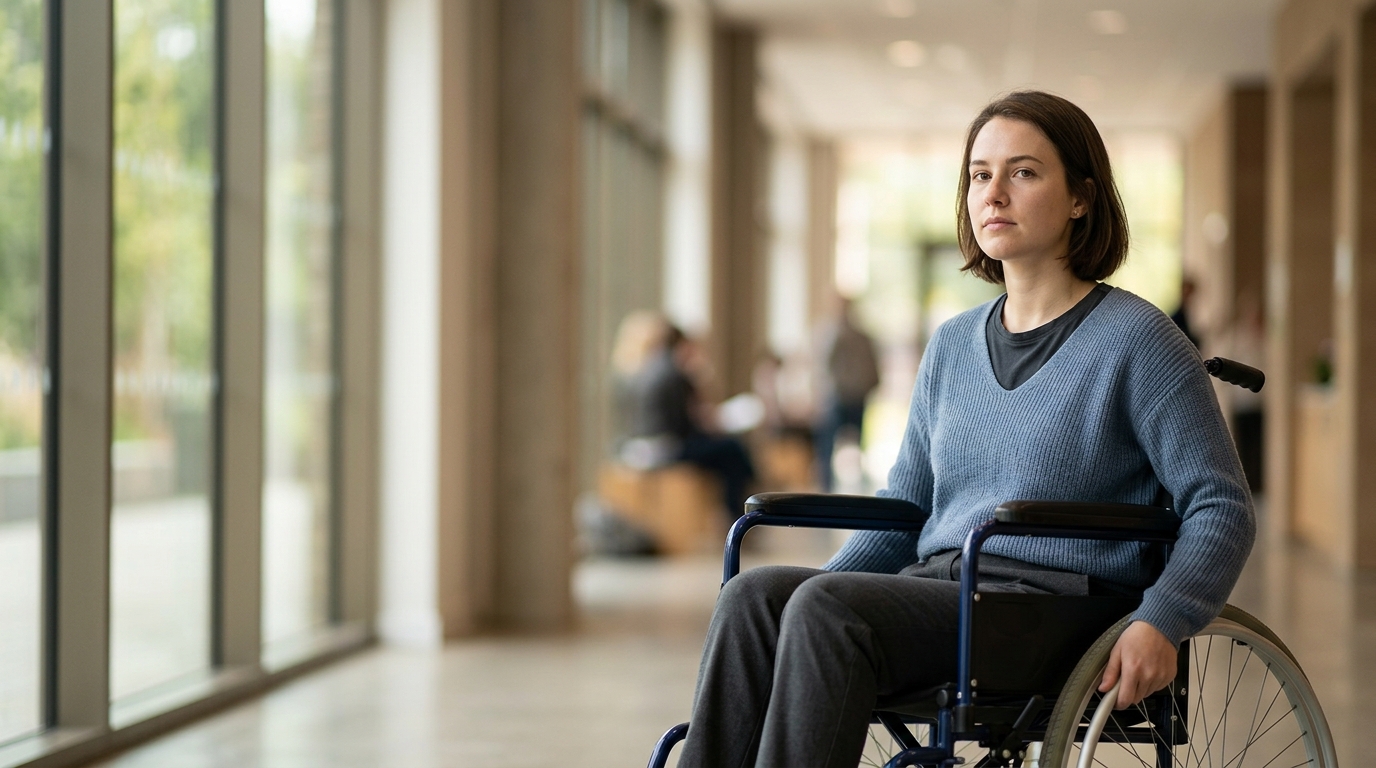 Person using a wheelchair looking forward with quiet resolve after a catastrophic spinal injury.